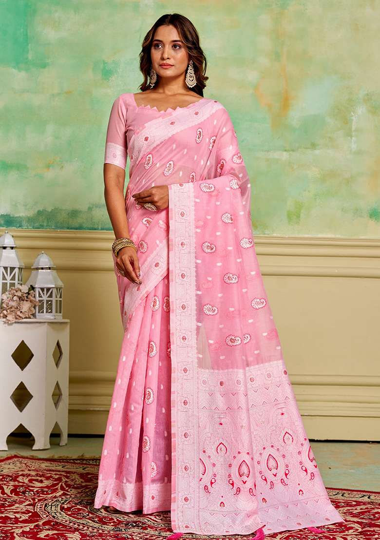 Pink Zari Woven Cotton Saree Set - Indya