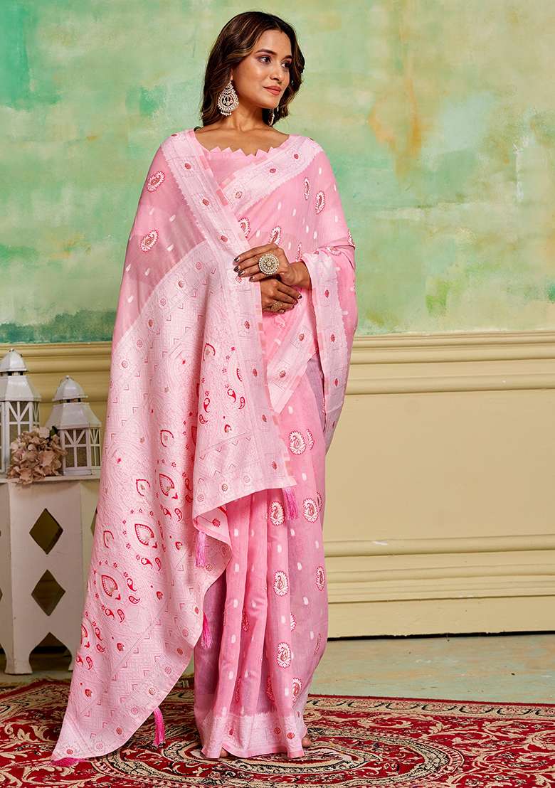 Pink Zari Woven Cotton Saree Set - Indya