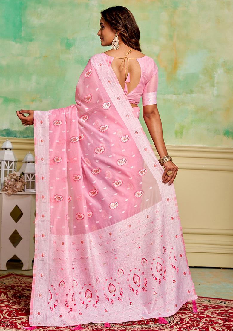 Pink Zari Woven Cotton Saree Set
