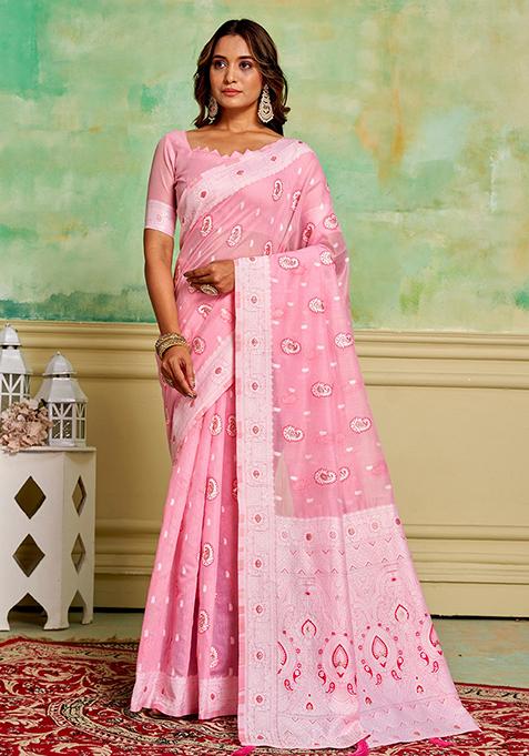 Pink Zari Woven Cotton Saree Set