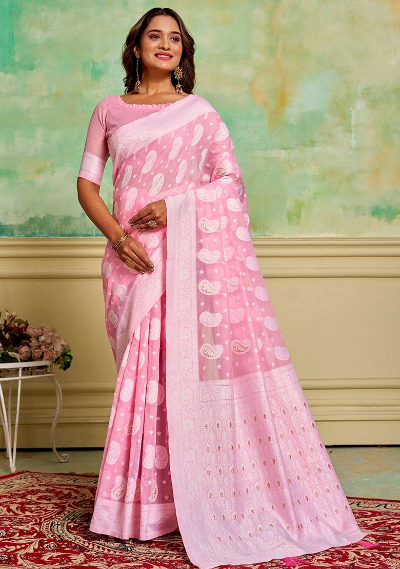 Pink Zari Woven Cotton Saree Set - Indya