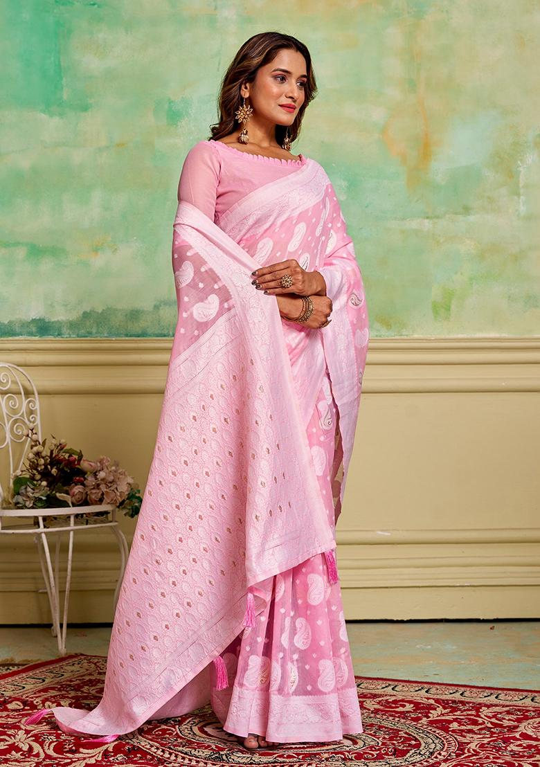 Pink Zari Woven Cotton Saree Set
