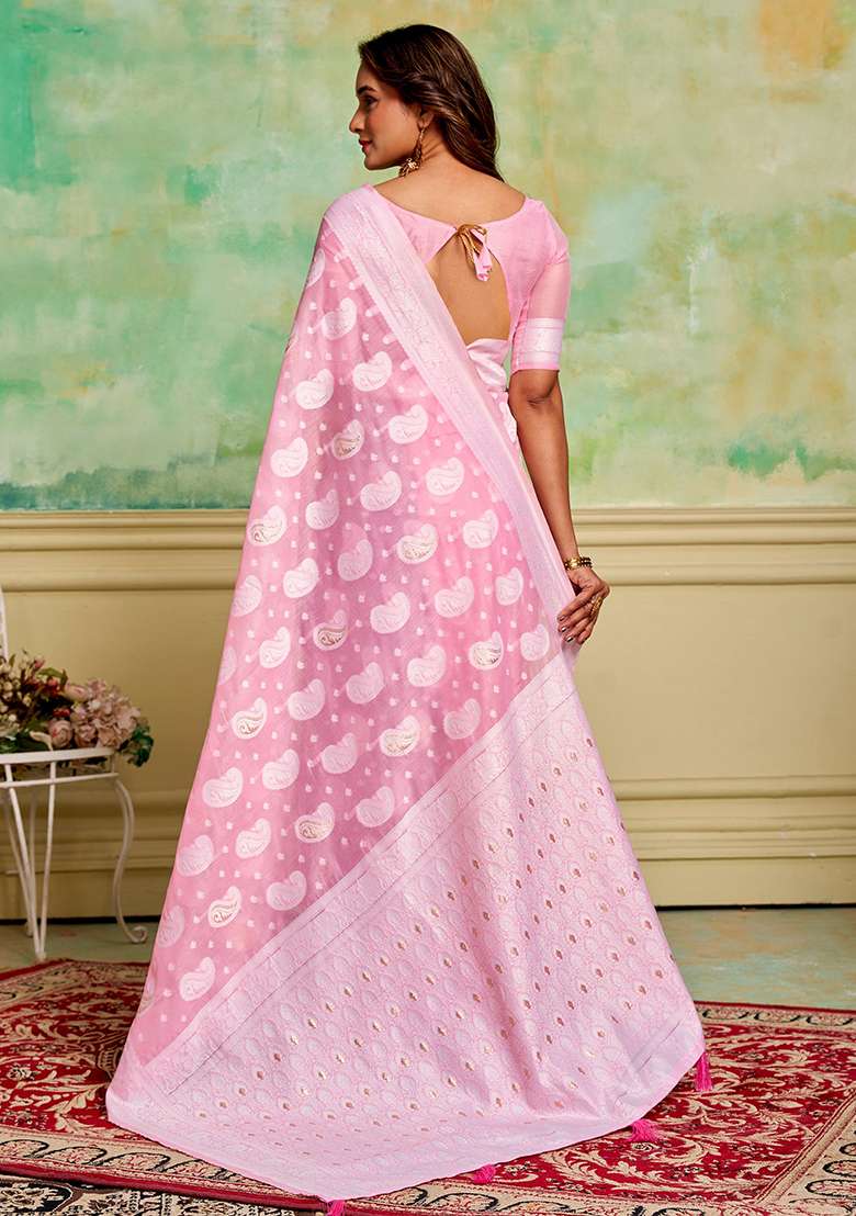 Pink Zari Woven Cotton Saree Set - Indya