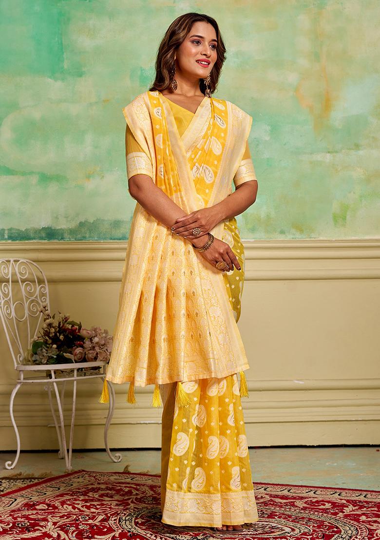 Yellow Zari Woven Cotton Saree Set