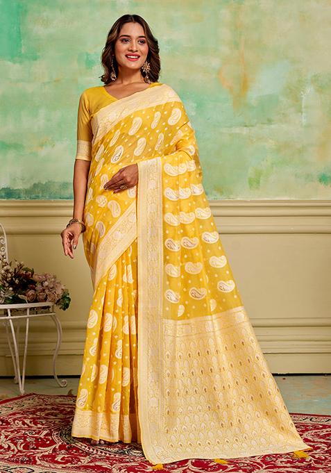 Yellow Zari Woven Cotton Saree Set