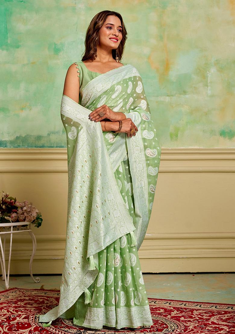Green Zari Woven Cotton Saree Set
