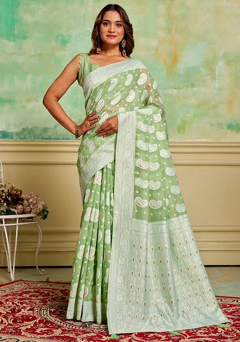 Green Zari Woven Cotton Saree Set