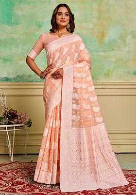 Peach Zari Woven Cotton Saree Set
