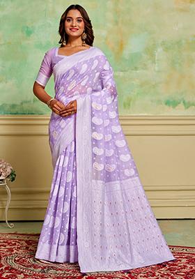 Lavender Zari Woven Cotton Saree Set