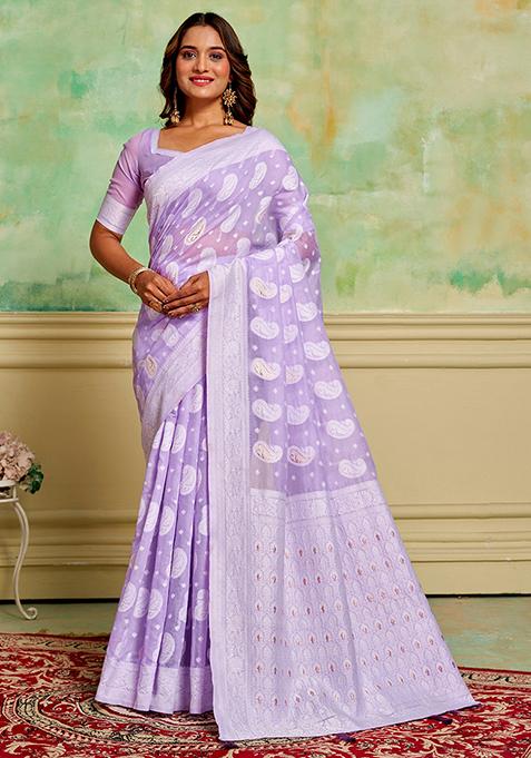Lavender Zari Woven Cotton Saree Set