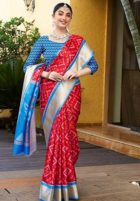 Red Abstract Print Crepe Saree Set