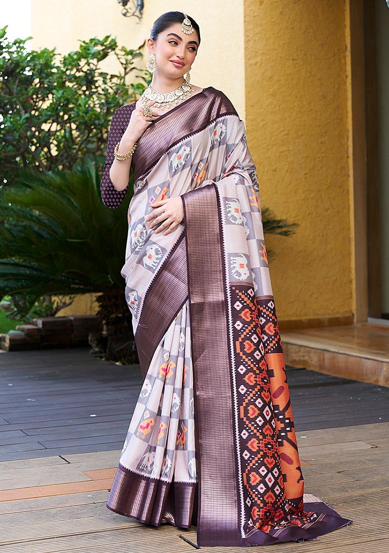 Off White Abstract Print Crepe Saree Set