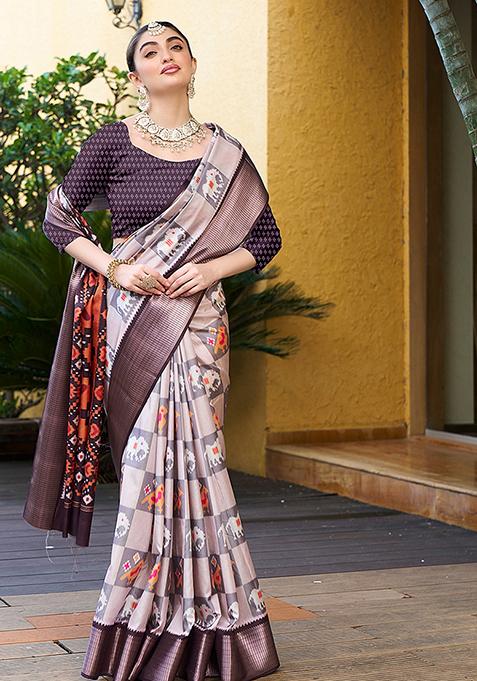 Off White Abstract Print Crepe Saree Set