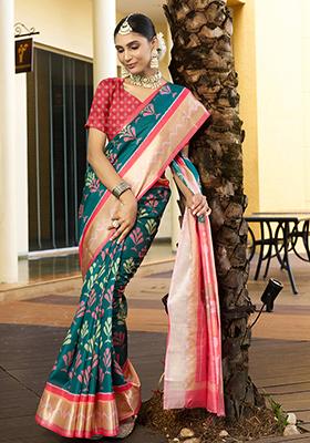 Green Abstract Print Crepe Saree Set