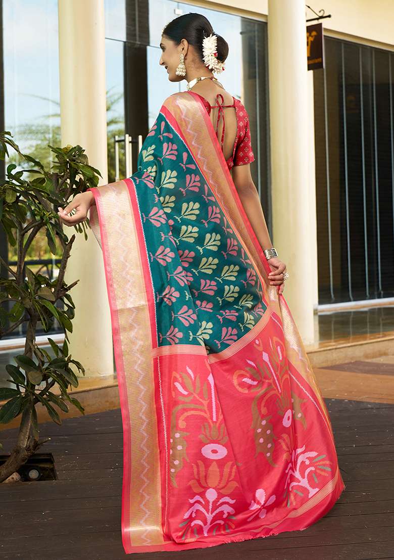 Green Abstract Print Crepe Saree Set - Indya