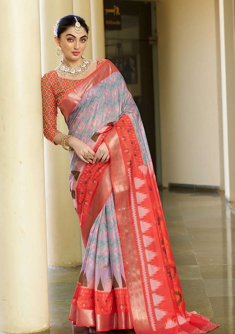 Purple Abstract Print Crepe Saree Set - Indya