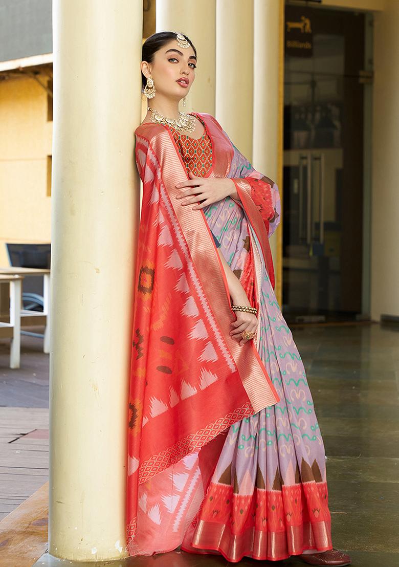 Purple Abstract Print Crepe Saree Set