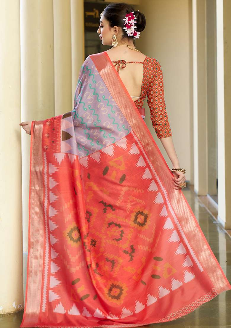Purple Abstract Print Crepe Saree Set - Indya