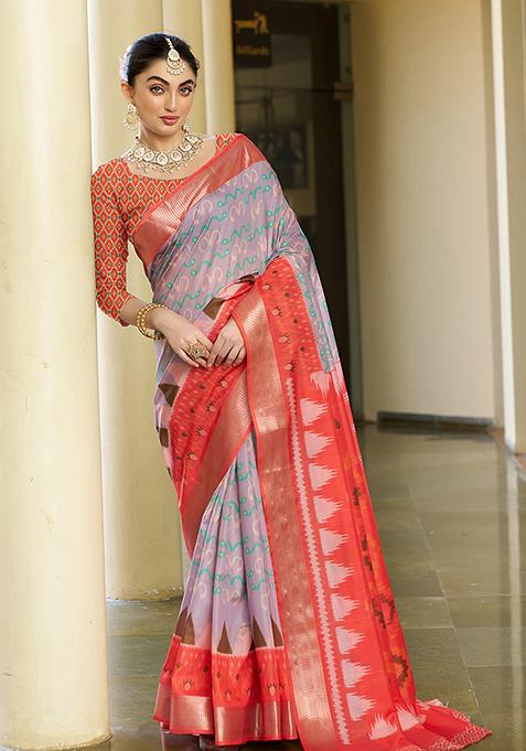 Purple Abstract Print Crepe Saree Set