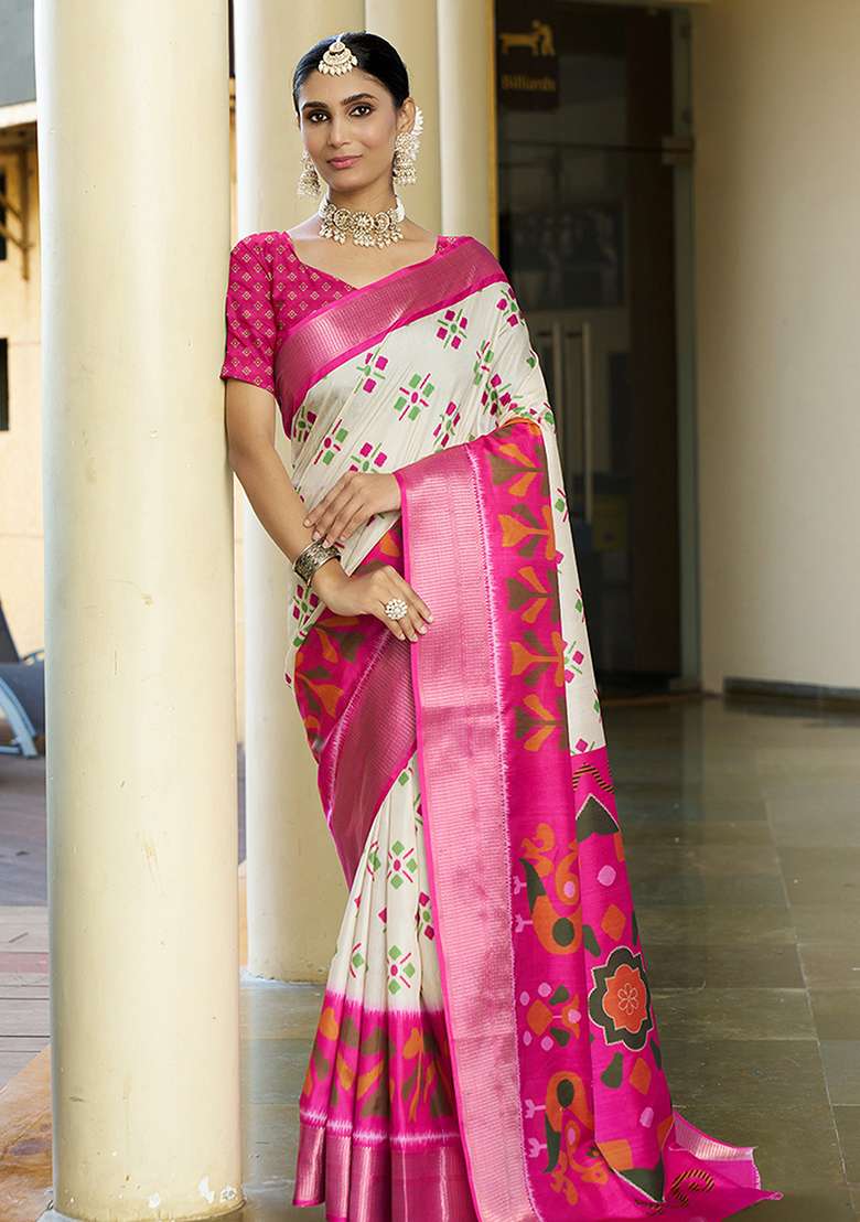Cream Abstract Print Crepe Saree Set - Indya