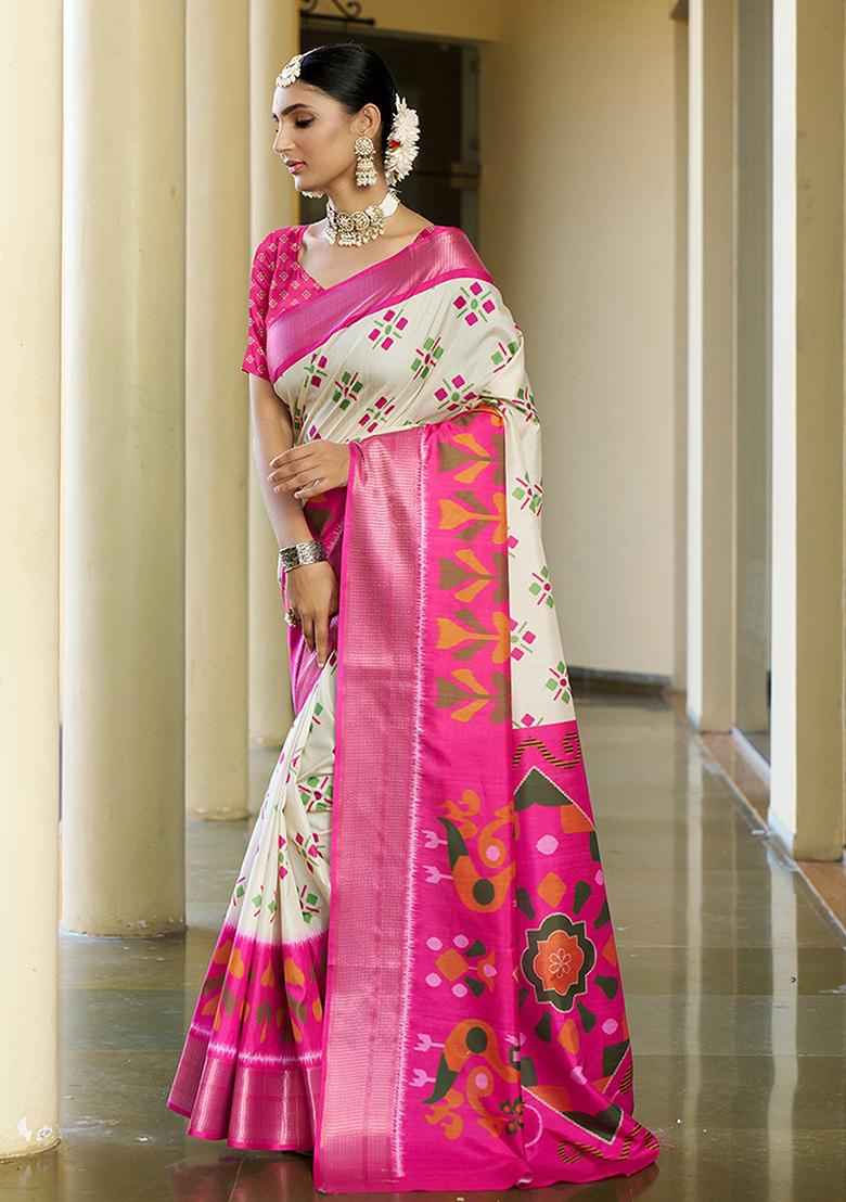 Cream Abstract Print Crepe Saree Set