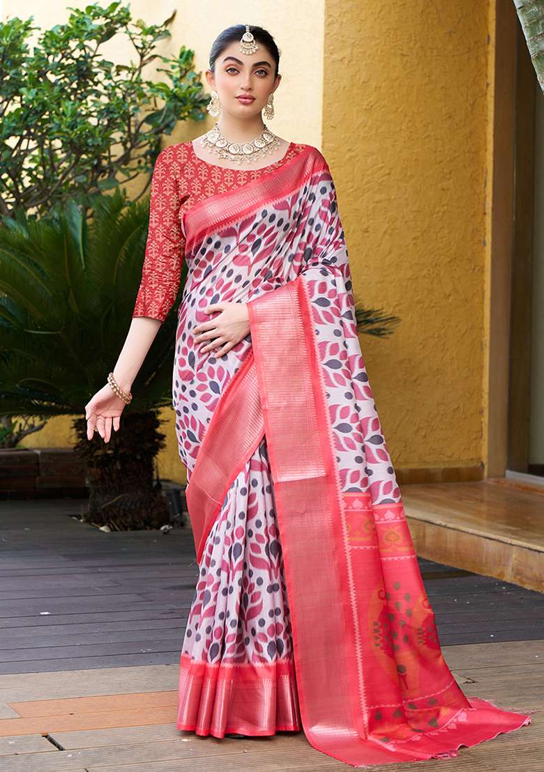 White Abstract Print Crepe Saree Set - Indya