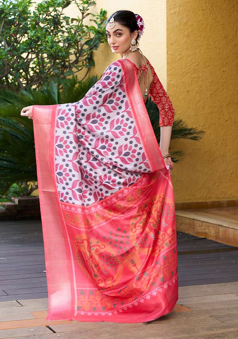 White Abstract Print Crepe Saree Set - Indya