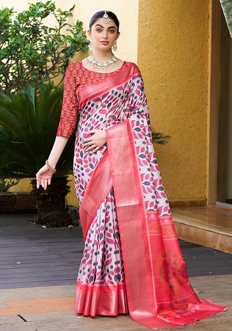 White Abstract Print Crepe Saree Set