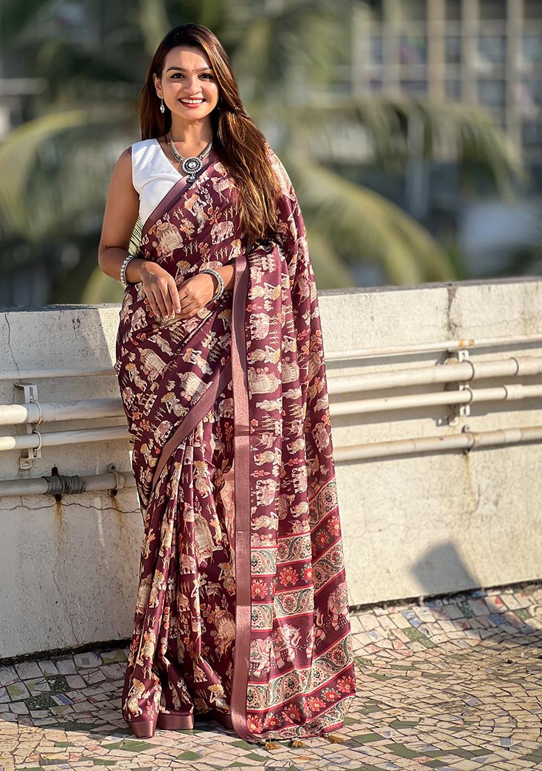 Wine Abstract Print Silk Saree Set