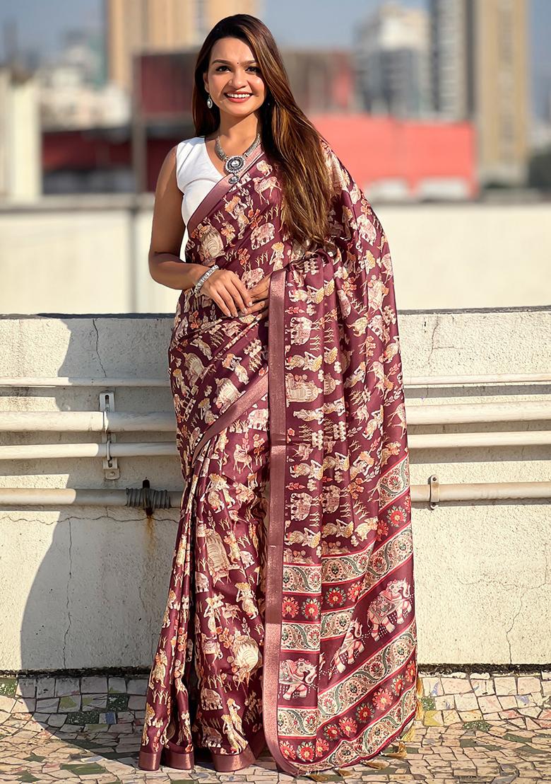Wine Abstract Print Silk Saree Set