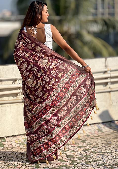 Wine Abstract Print Silk Saree Set