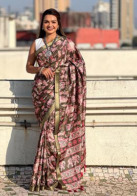Green Abstract Print Silk Saree Set