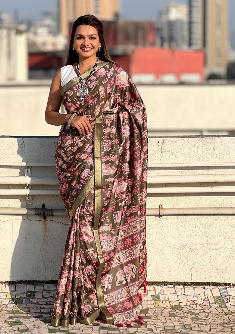 Green Abstract Print Silk Saree Set