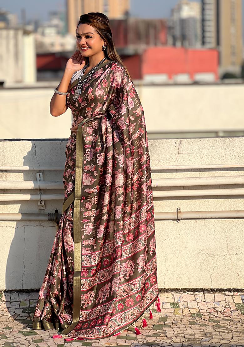 Green Abstract Print Silk Saree Set