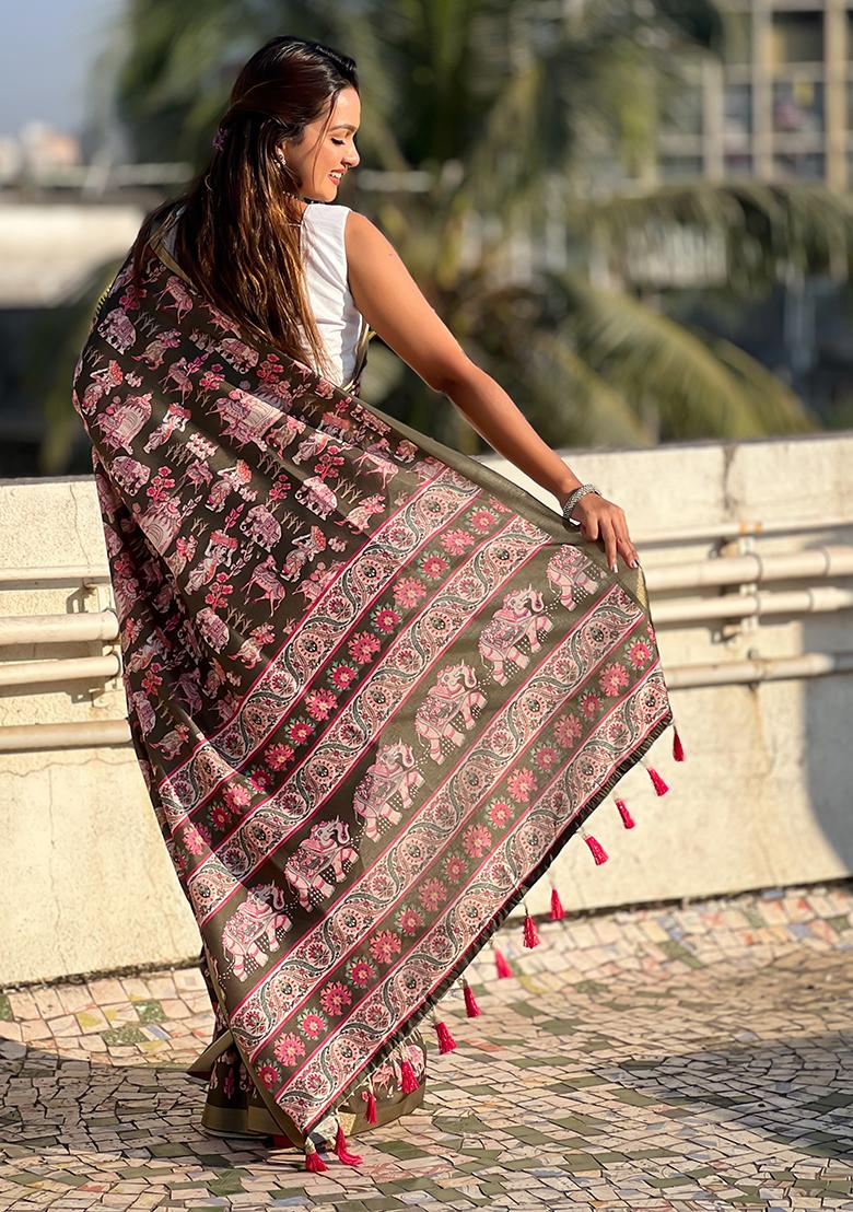 Green Abstract Print Silk Saree Set