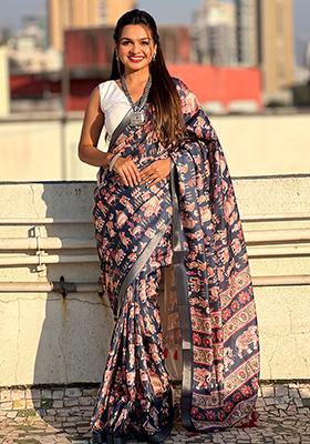 Blue Abstract Print Silk Saree Set