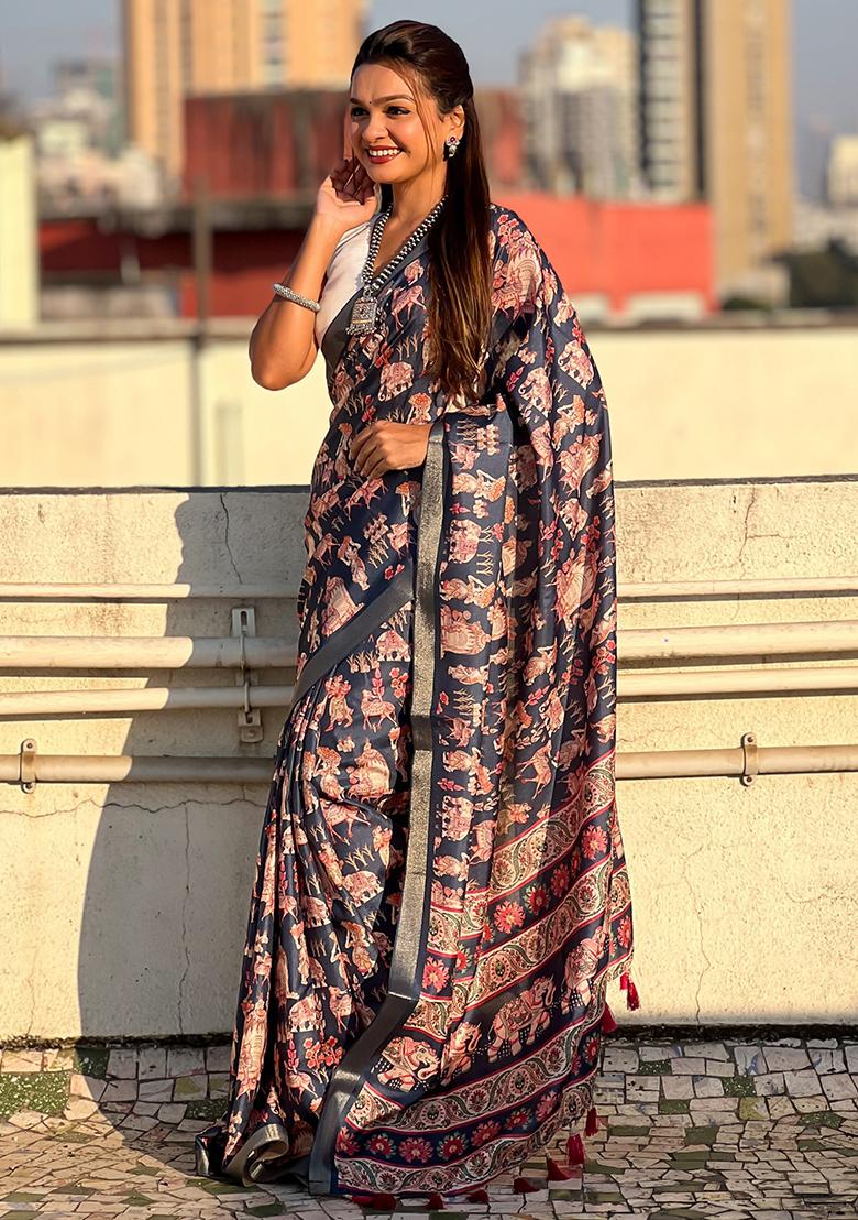 Blue Abstract Print Silk Saree Set