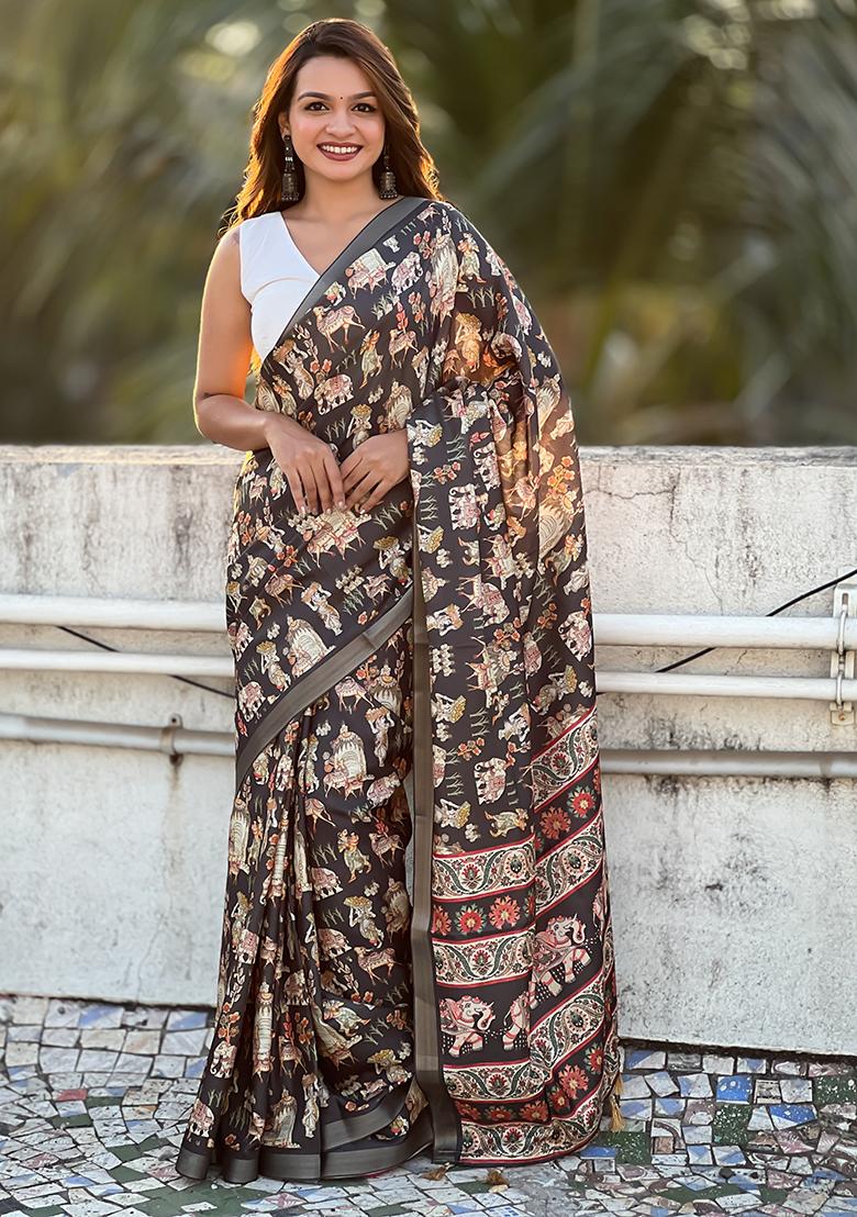 Brown Abstract Print Silk Saree Set