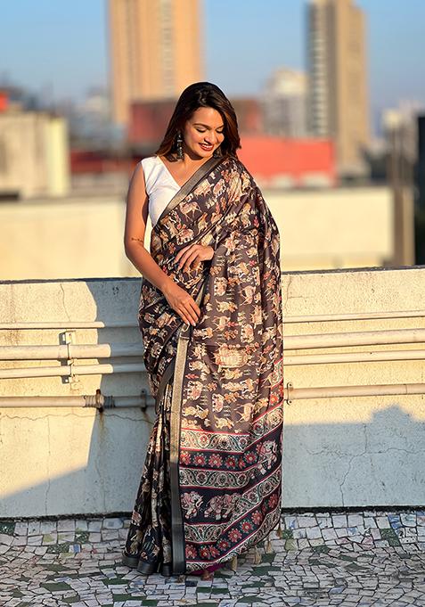 Brown Abstract Print Silk Saree Set