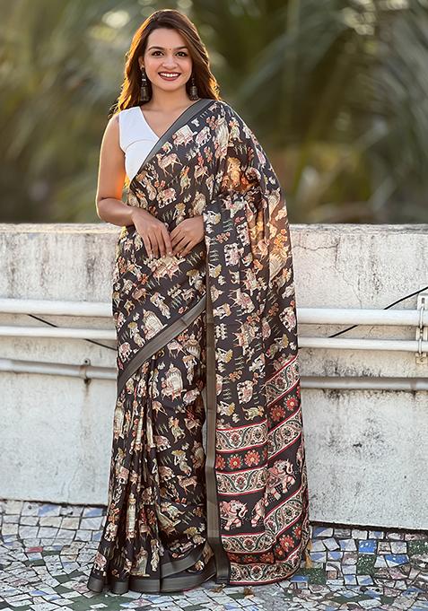 Brown Abstract Print Silk Saree Set