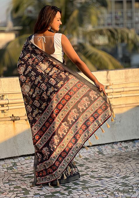Brown Abstract Print Silk Saree Set