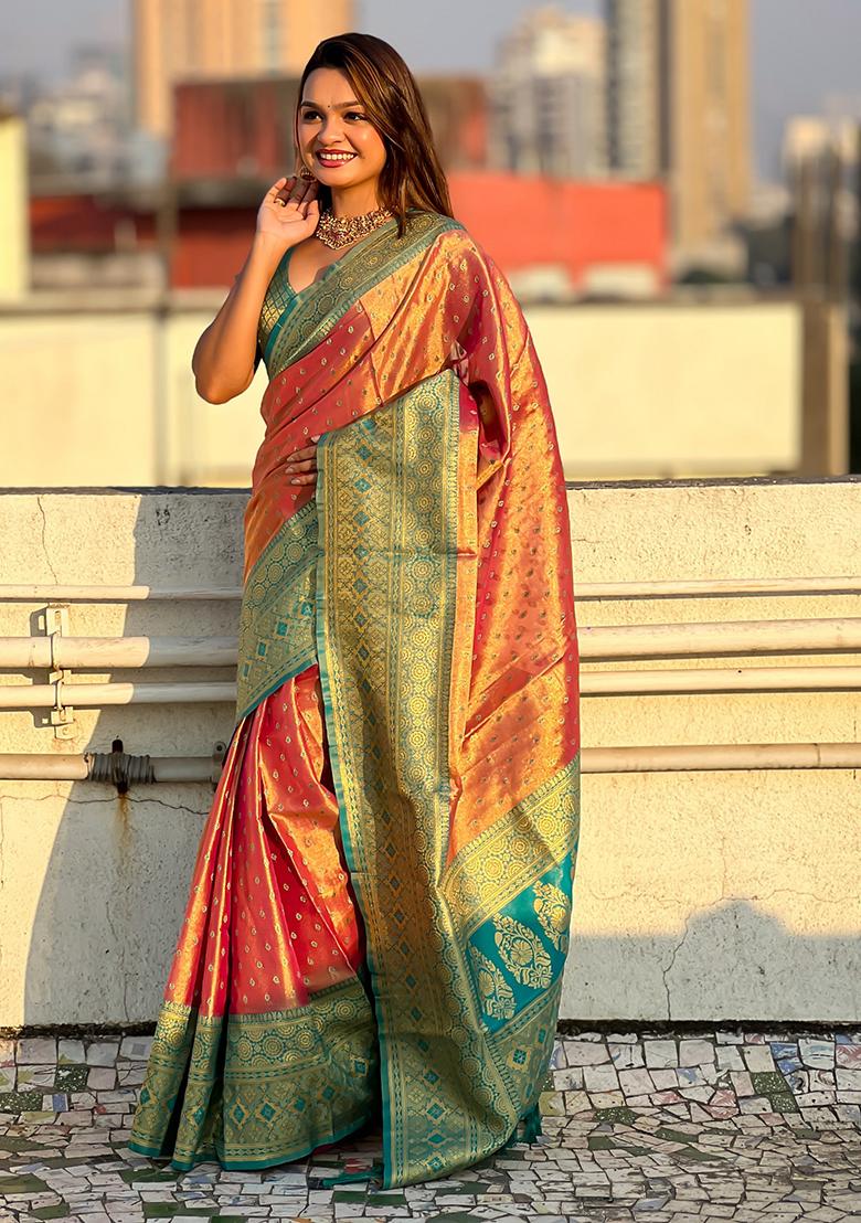 Pink Zari Woven Silk Saree Set