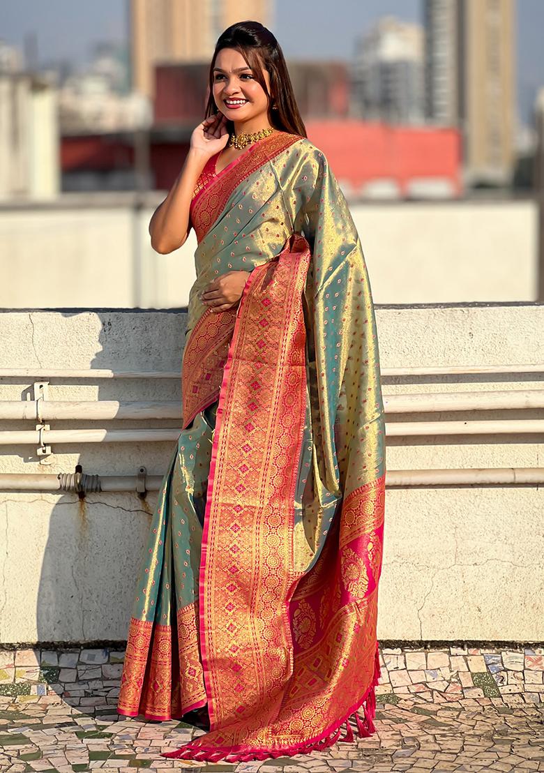 Blue Zari Woven Silk Saree Set