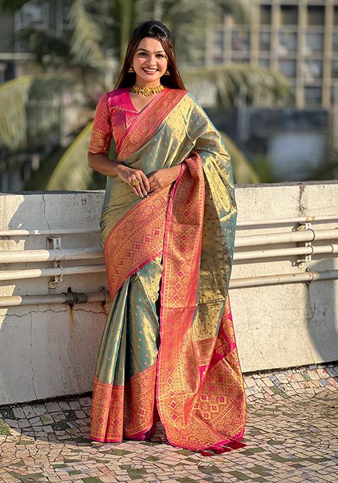 Blue Zari Woven Silk Saree Set