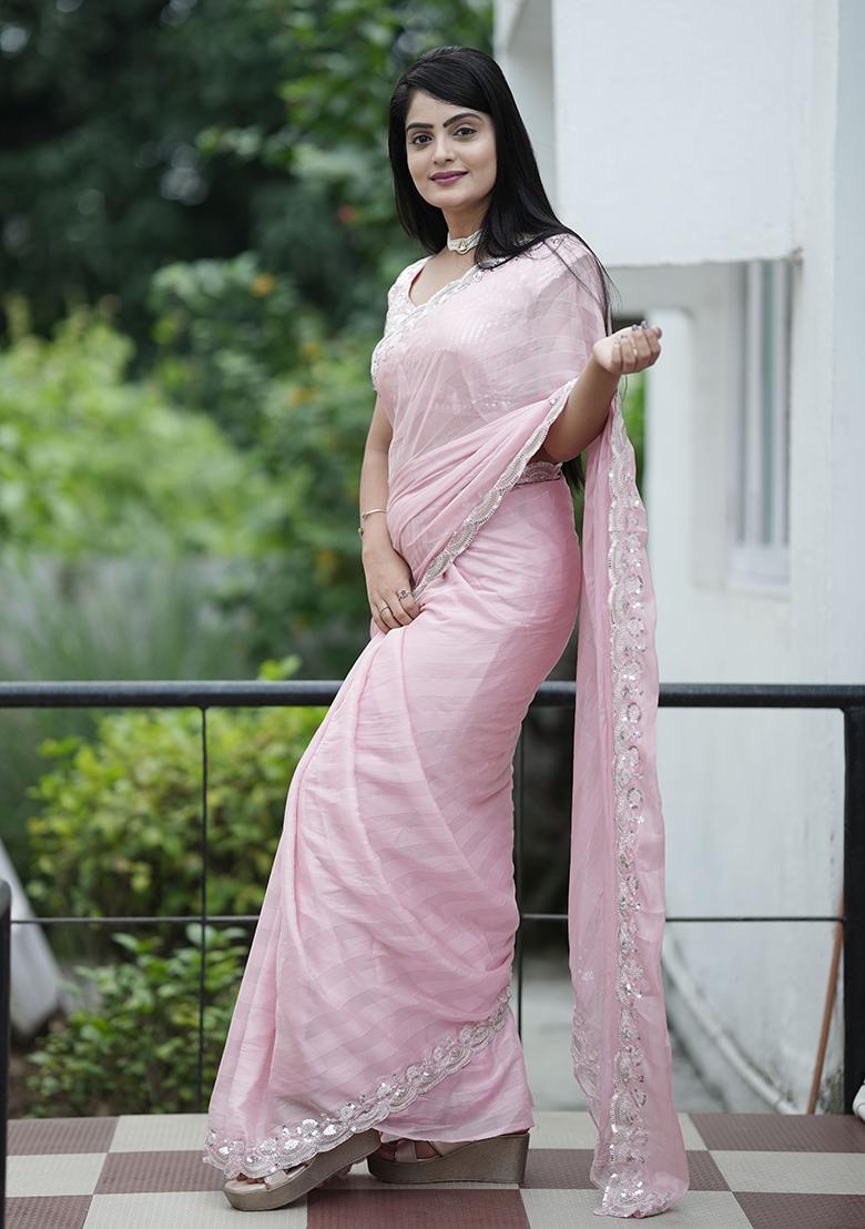 Pink Sequin Work Chiffon Saree Set