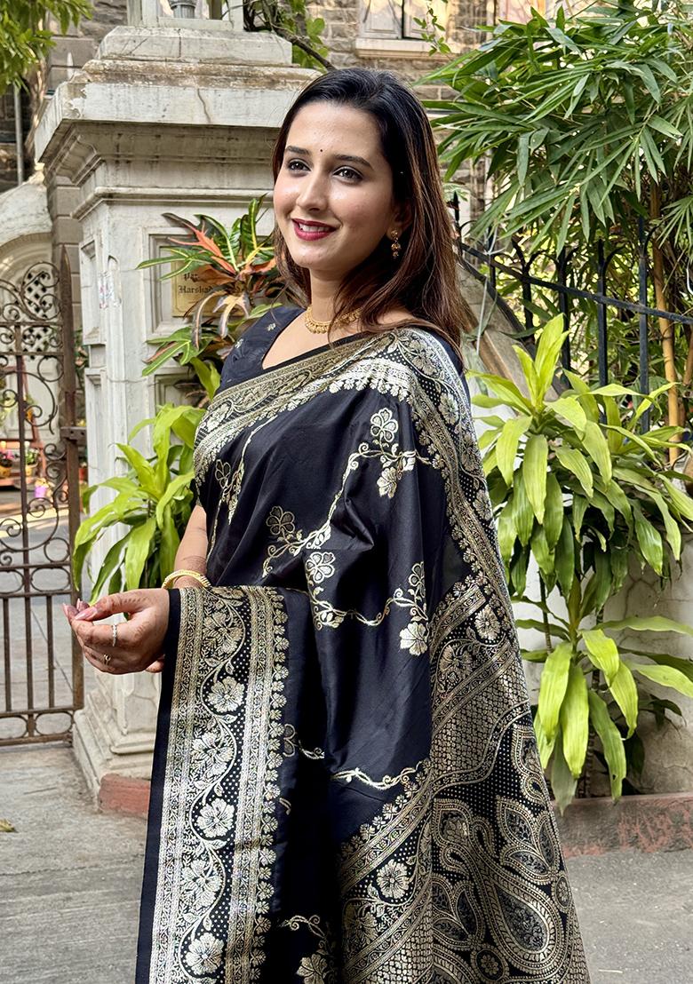 Black Zari Woven Silk Saree Set