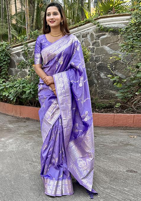 Purple Zari Woven Silk Saree Set