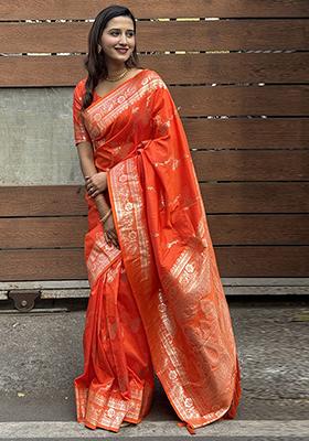 Orange Zari Woven Silk Saree Set