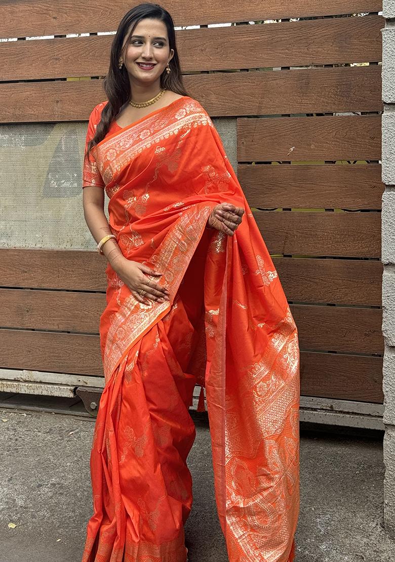 Orange Zari Woven Silk Saree Set