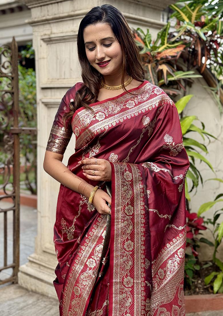 Maroon Zari Woven Silk Saree Set